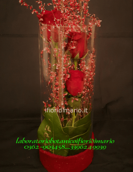 mazzo rose rosse- e ginestra -con vaso di vetro
